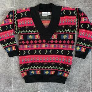 Womens Vintage 90s Croquet Club Acrylic V Neck Geometric Black Pink Sweater Sz M